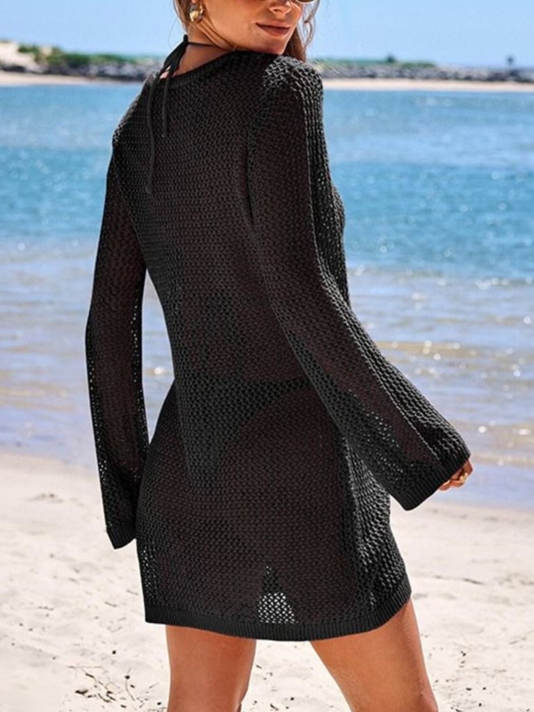Long Sleeve Crochet Knit Cover Up Dress - Black by Trendsi from FREYA’S CLOSET