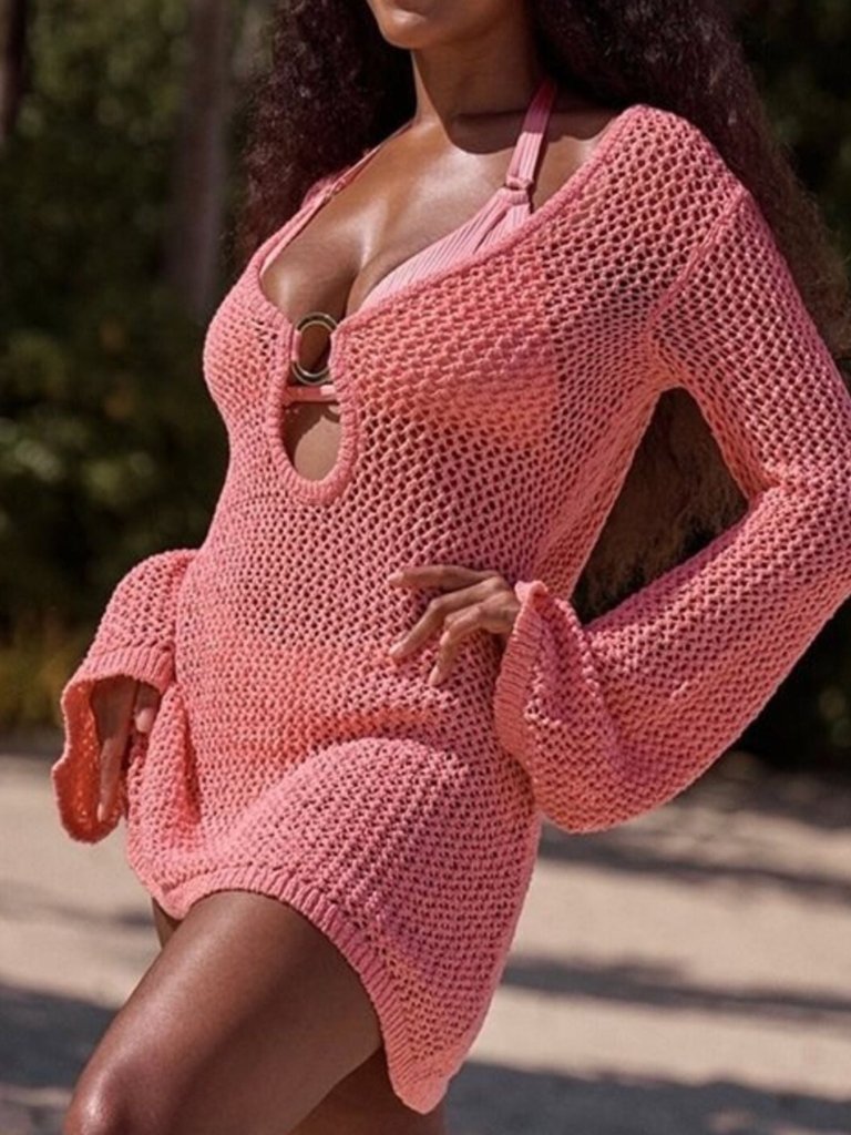 Long Sleeve Crochet Knit Cover Up Dress - Dusty Pink by Trendsi from FREYA’S CLOSET