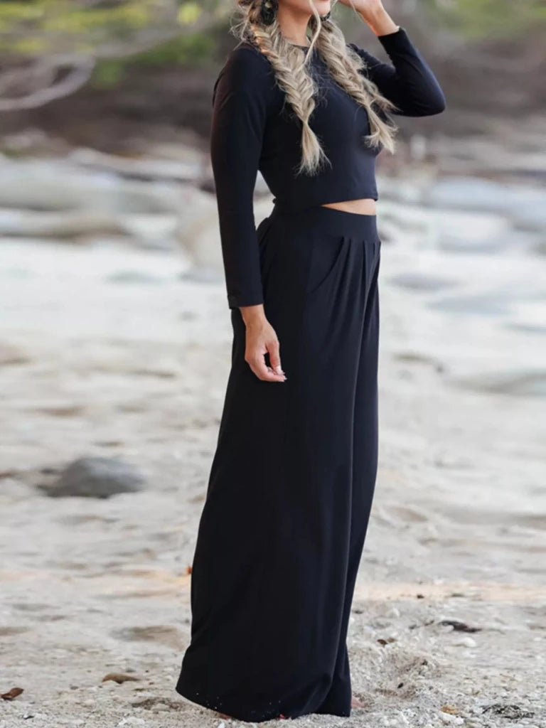 Long Sleeve Crop Top and Wide-Leg Pants Set - Black by Trendsi from FREYA’S CLOSET