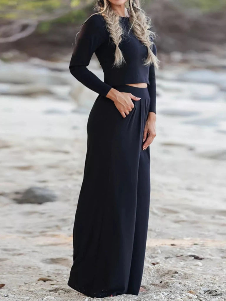 Long Sleeve Crop Top and Wide-Leg Pants Set - Black by Trendsi from FREYA’S CLOSET