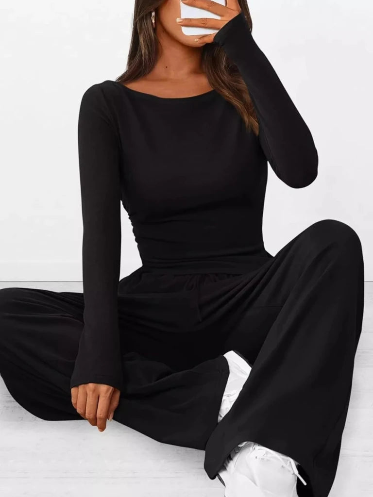 Long sleeve top and wide-leg pants set, alternate product image