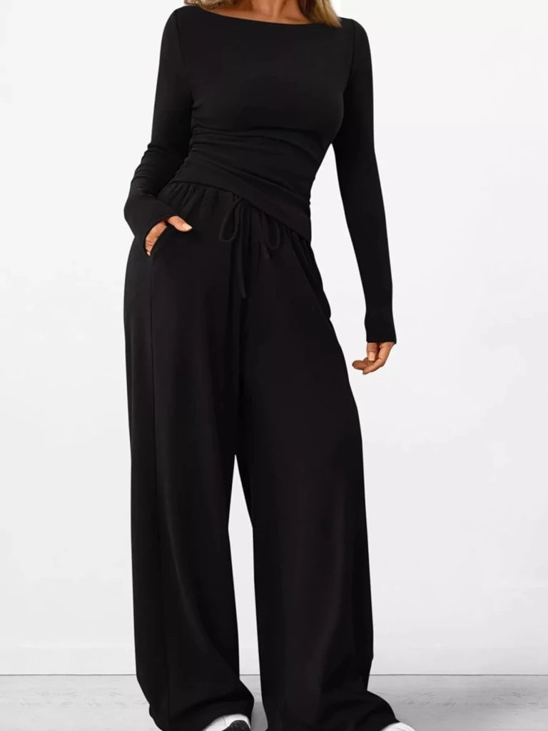 Long sleeve top and wide-leg pants set