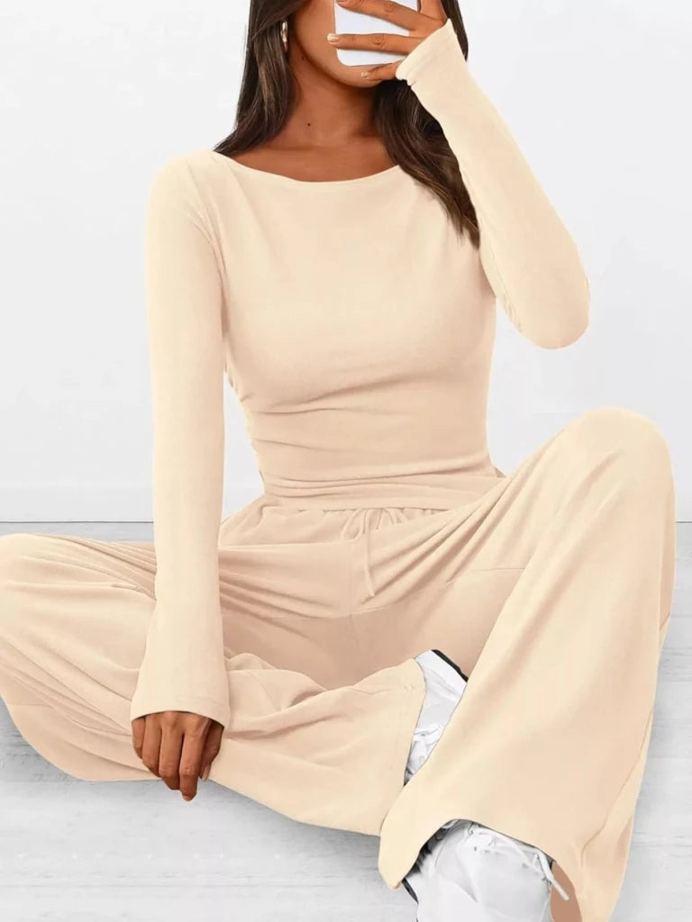 Long sleeve top and wide-leg pants set, alternate product image