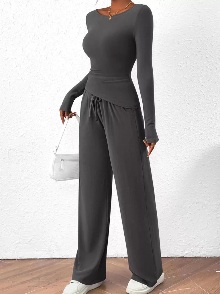 Long sleeve top and wide-leg pants set, alternate product image