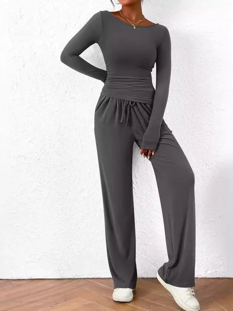 Long sleeve top and wide-leg pants set, alternate product image