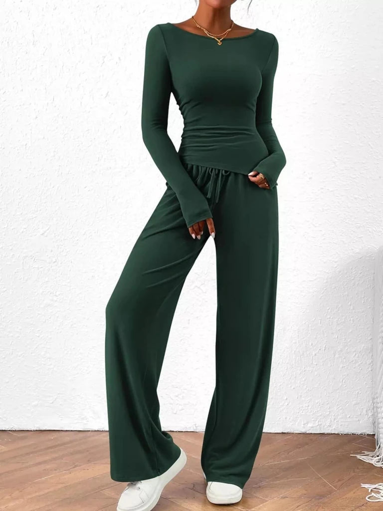 Long sleeve top and wide-leg pants set, alternate product image