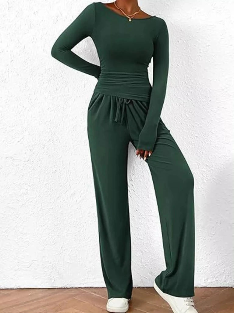Long sleeve top and wide-leg pants set, alternate product image