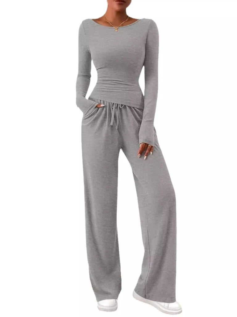 Long sleeve top and wide-leg pants set, alternate product image