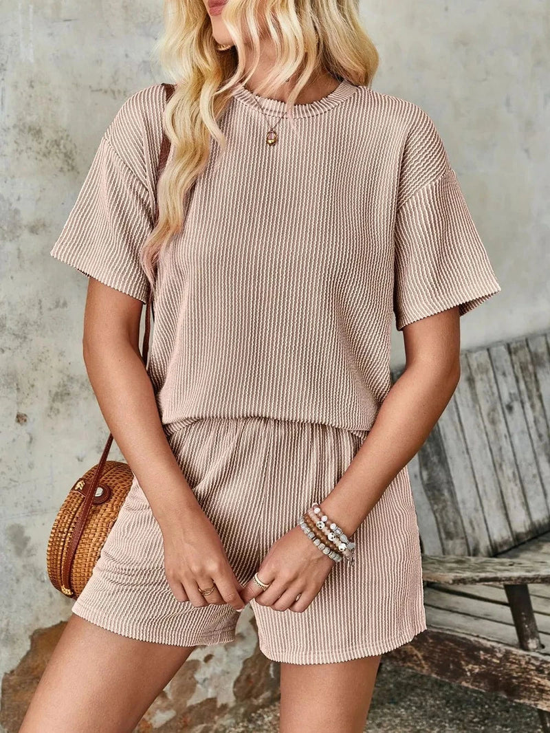 Trendsi Lovelet Textured Round Neck Short Sleeve Top and Shorts Set