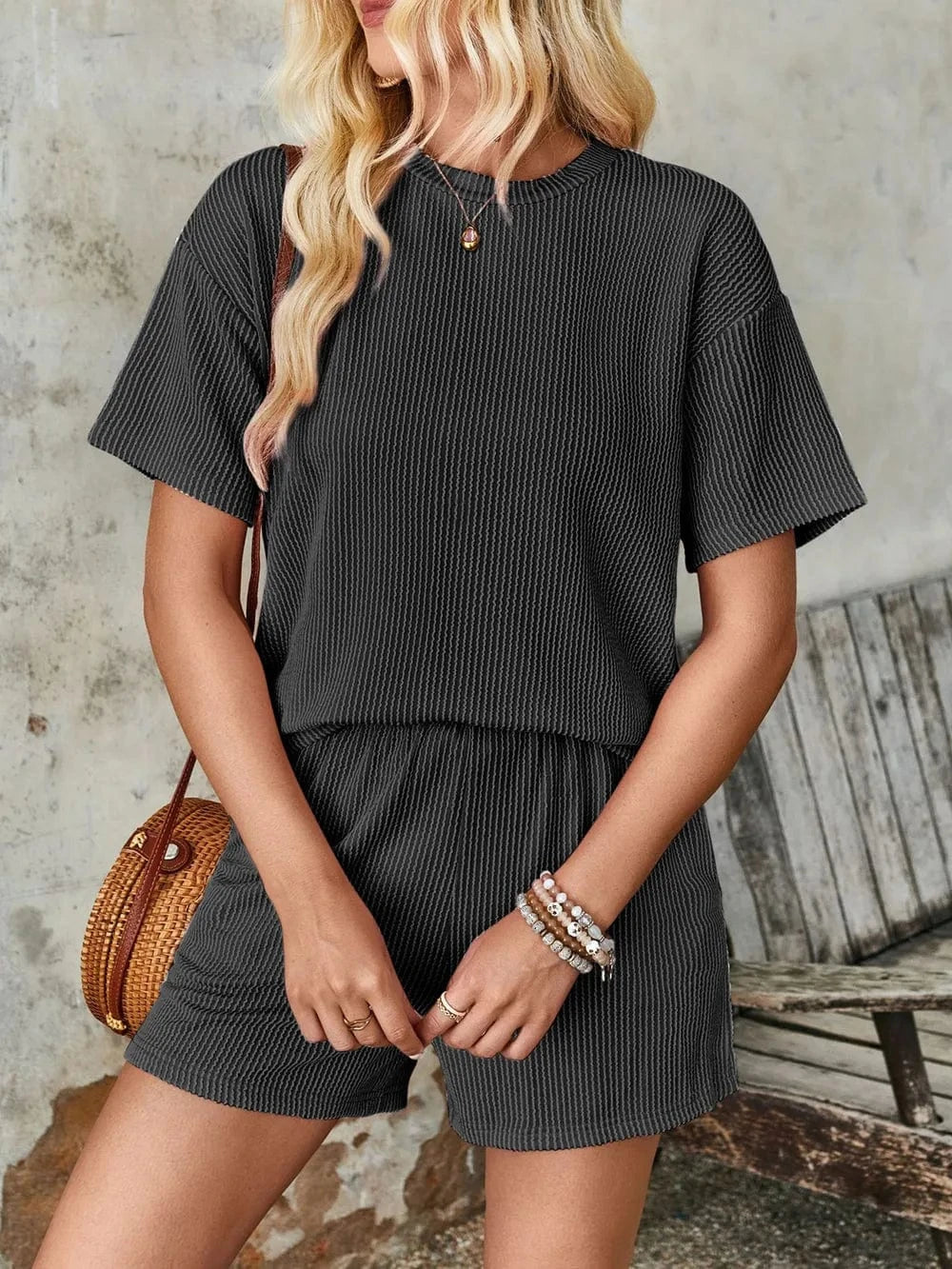 Trendsi Lovelet Textured Round Neck Short Sleeve Top and Shorts Set