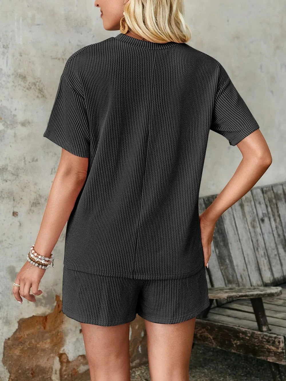 Trendsi Lovelet Textured Round Neck Short Sleeve Top and Shorts Set