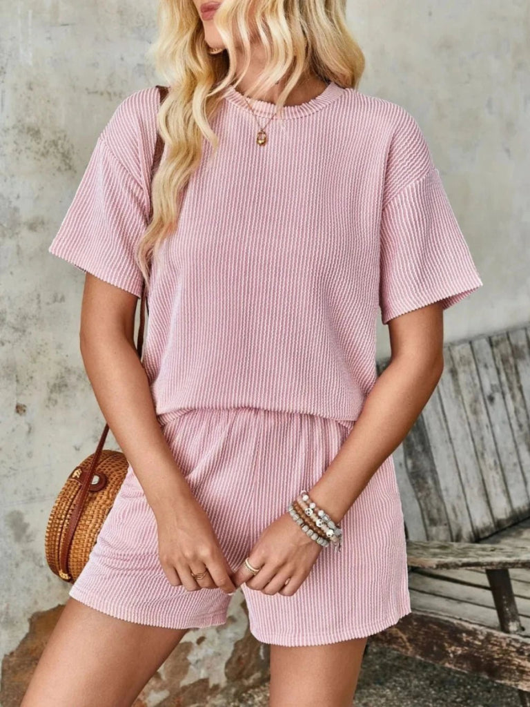 Lovelet Textured Round Neck Short Sleeve Top and Shorts Set - Blush Pink by Trendsi from FREYA’S CLOSET