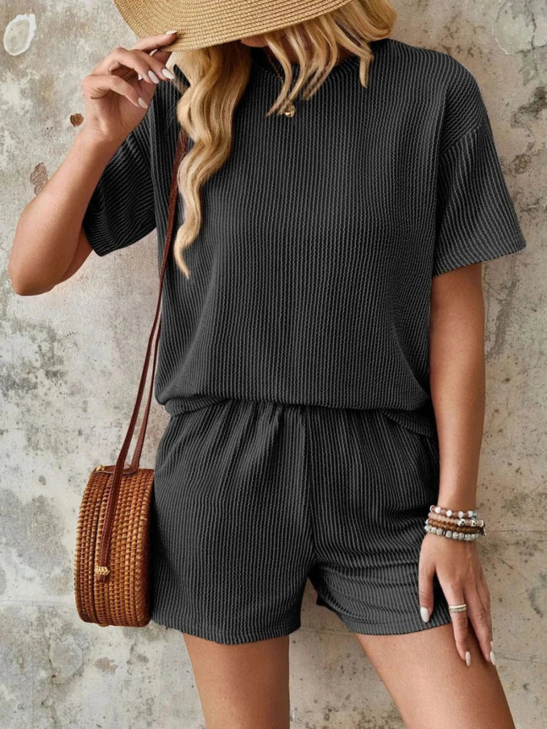 Lovelet Textured Round Neck Short Sleeve Top and Shorts Set - Black by Trendsi from FREYA’S CLOSET