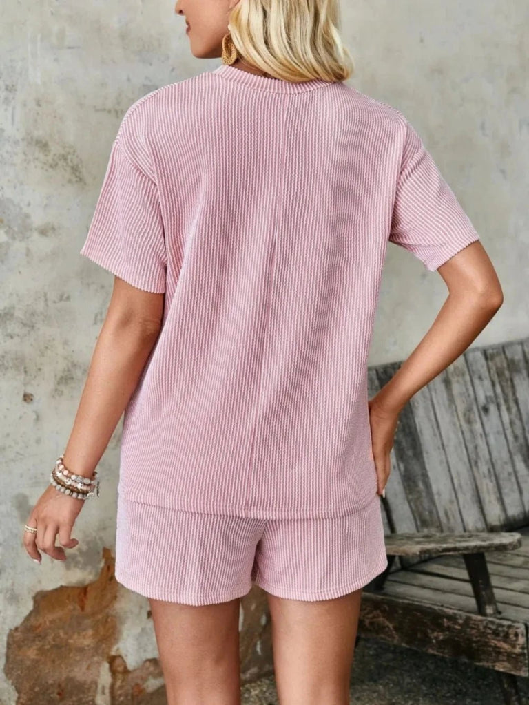 Lovelet Textured Round Neck Short Sleeve Top and Shorts Set - Blush Pink by Trendsi from FREYA’S CLOSET