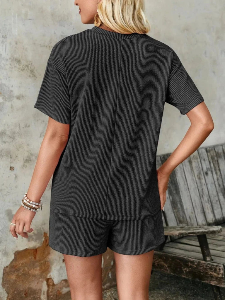 Lovelet Textured Round Neck Short Sleeve Top and Shorts Set - Black by Trendsi from FREYA’S CLOSET