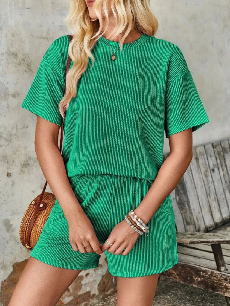 Lovelet Textured Round Neck Short Sleeve Top and Shorts Set - Dark Green by Trendsi from FREYA’S CLOSET