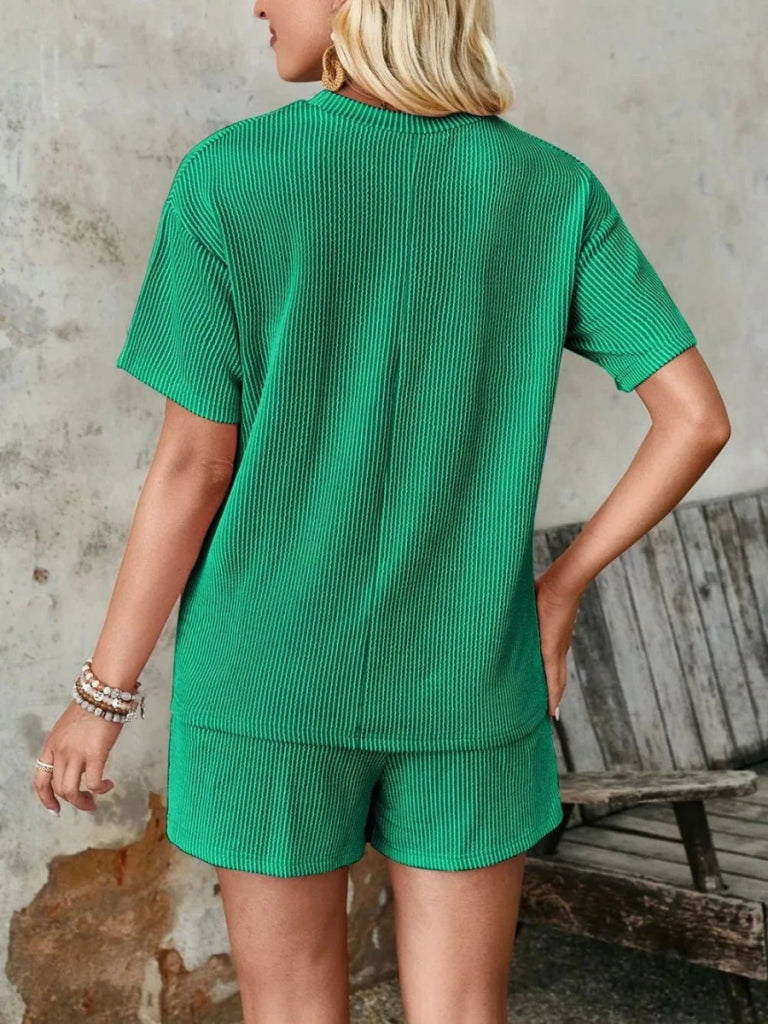 Lovelet Textured Round Neck Short Sleeve Top and Shorts Set - Dark Green by Trendsi from FREYA’S CLOSET