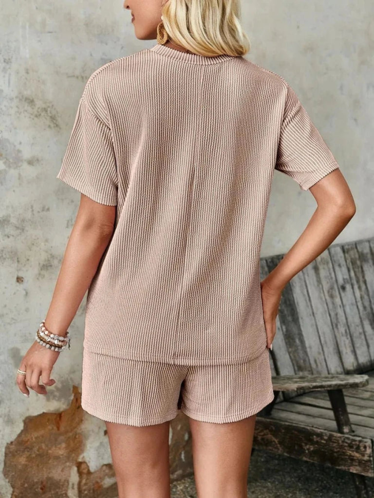 Lovelet Textured Round Neck Short Sleeve Top and Shorts Set - Camel by Trendsi from FREYA’S CLOSET