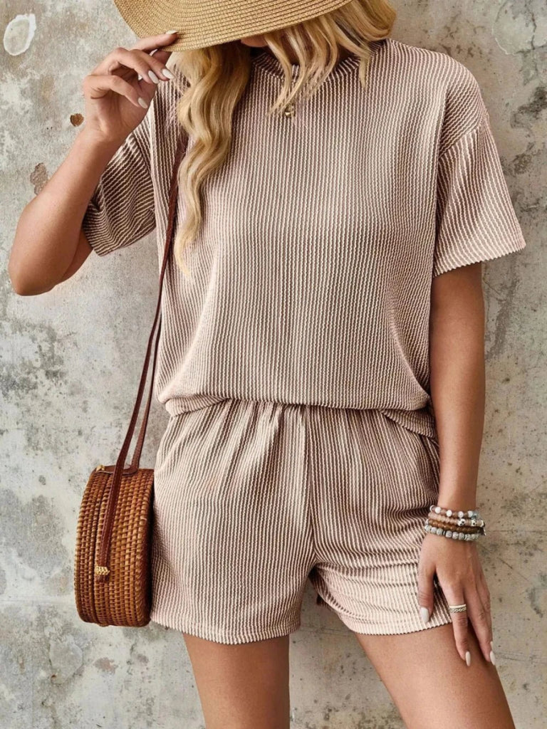 Lovelet Textured Round Neck Short Sleeve Top and Shorts Set – Camel by Trendsi from FREYA’S CLOSET