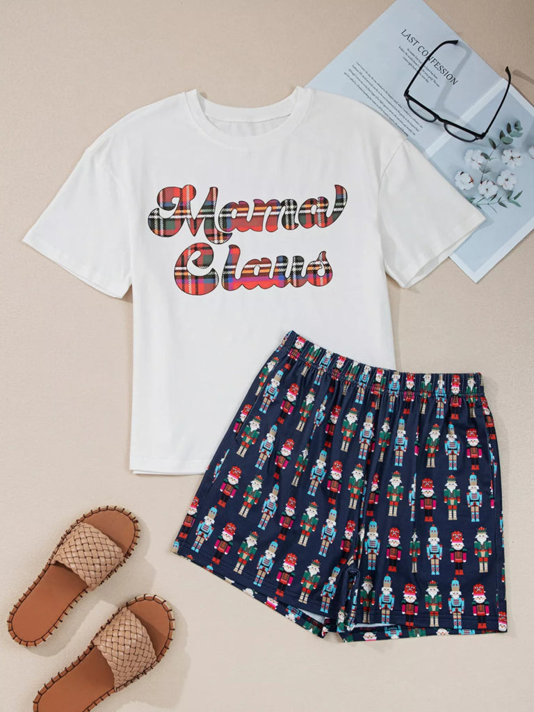 Mama Claus Plaid Letter Tee and Nutcracker Shorts 2pcs Lounge Set - White by Trendsi from FREYA’S CLOSET