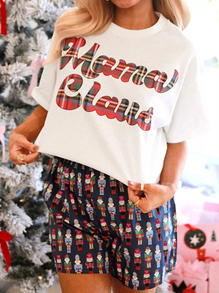 Mama Claus Plaid Letter Tee and Nutcracker Shorts 2pcs Lounge Set - White by Trendsi from FREYA’S CLOSET