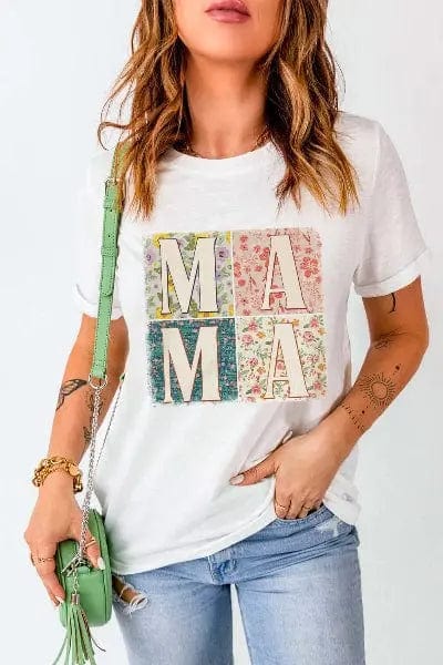 Trendsi Shirts and Blouses White / S MAMA Round Neck Short Sleeve T-Shirt