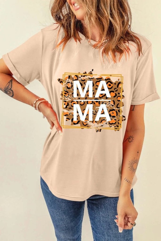 MAMA Round Neck Short Sleeve T-Shirt - Sand by Trendsi from FREYA’S CLOSET