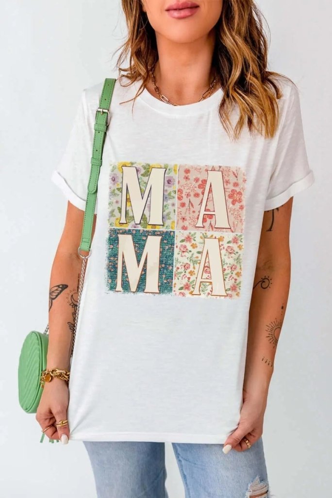MAMA Round Neck Short Sleeve T-Shirt - White by Trendsi from FREYA’S CLOSET