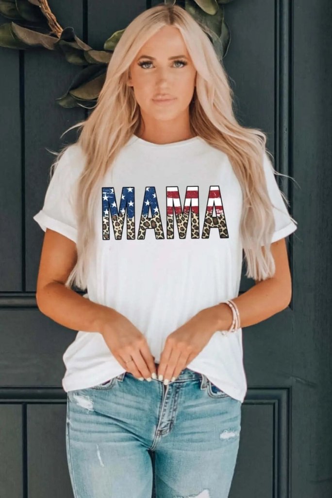 MAMA Round Neck Short Sleeve T-Shirt - White by Trendsi from FREYA’S CLOSET