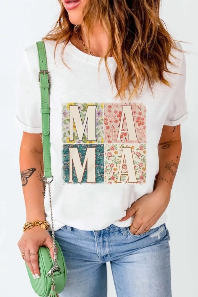 MAMA Round Neck Short Sleeve T-Shirt - White by Trendsi from FREYA’S CLOSET