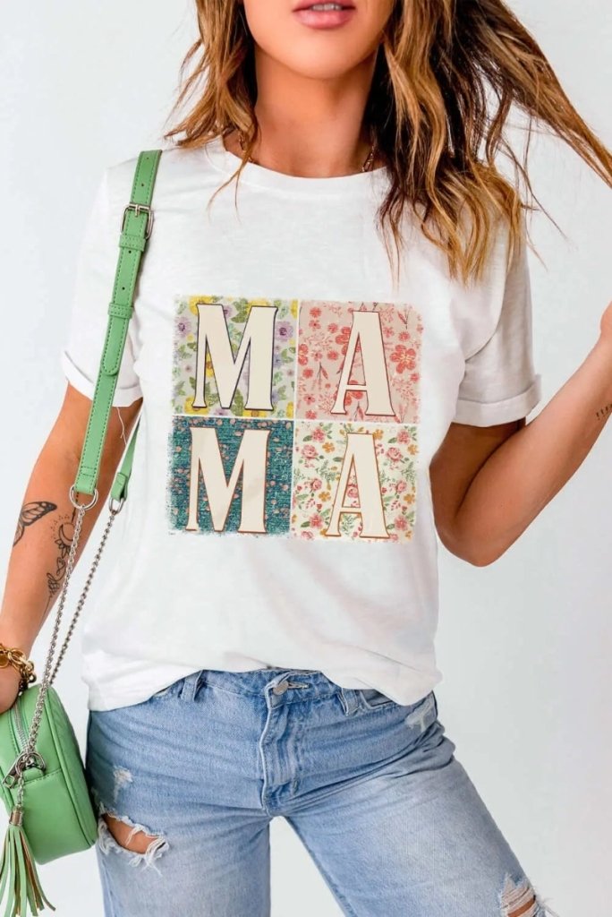 MAMA Round Neck Short Sleeve T-Shirt - White by Trendsi from FREYA’S CLOSET