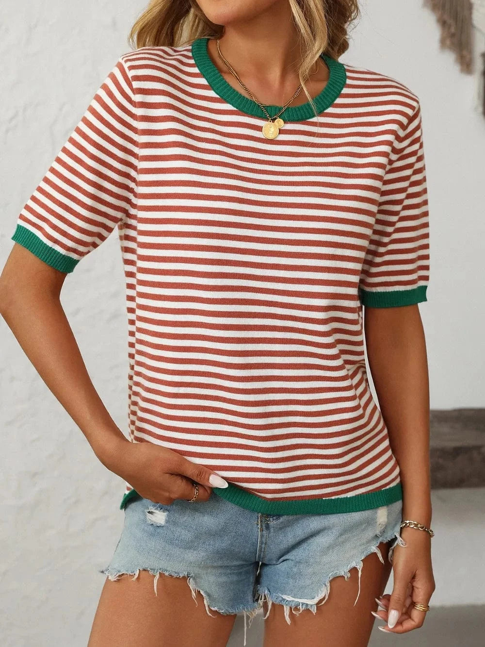 Trendsi Mandy Striped Round Neck Half Sleeve Knit Top