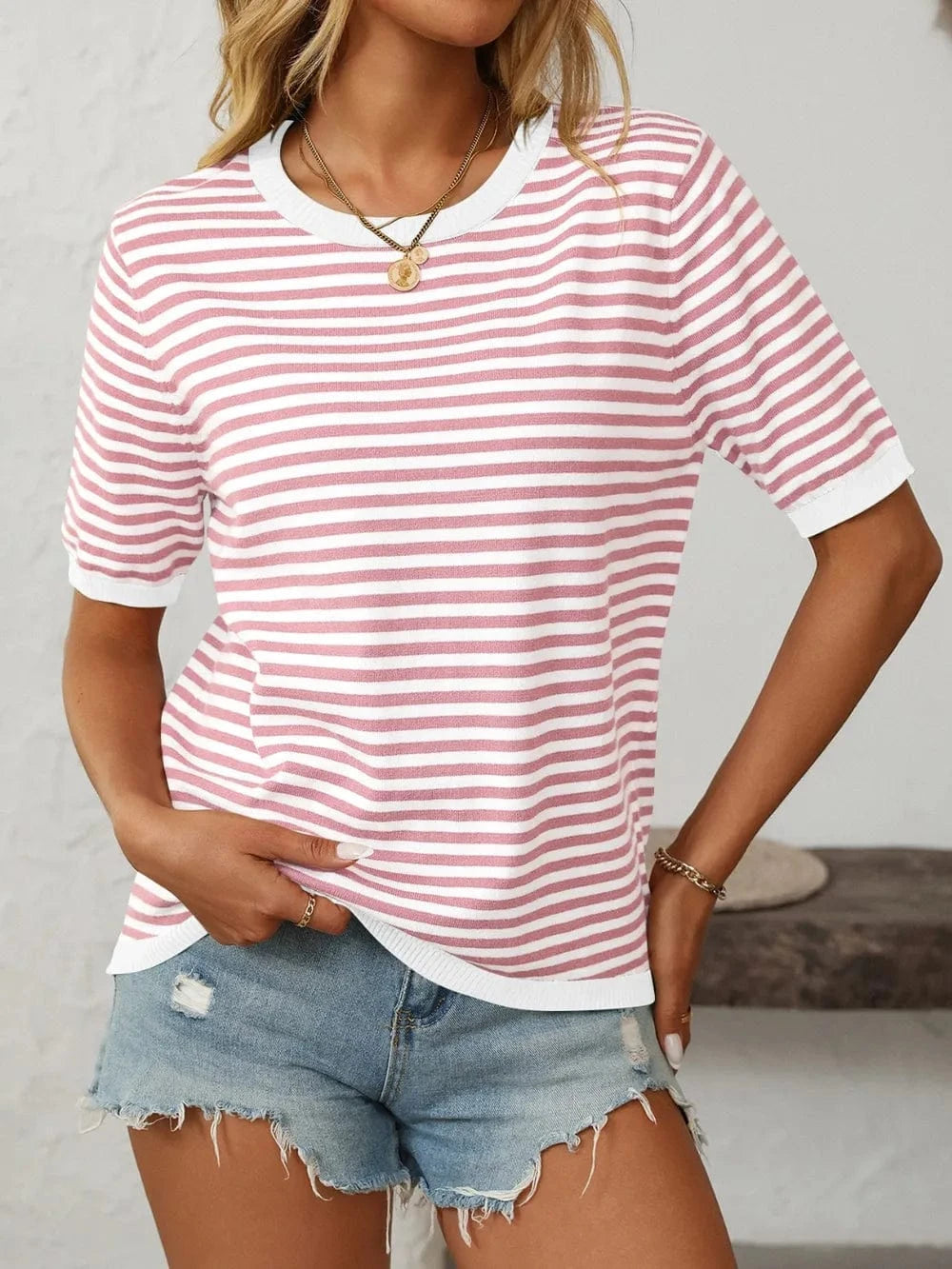 Trendsi Blush Pink / S Mandy Striped Round Neck Half Sleeve Knit Top