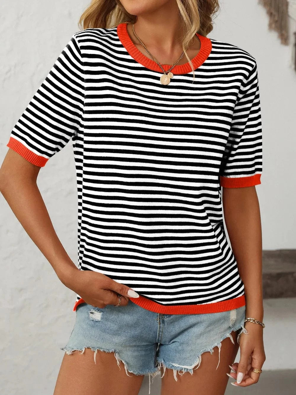 Trendsi Mandy Striped Round Neck Half Sleeve Knit Top