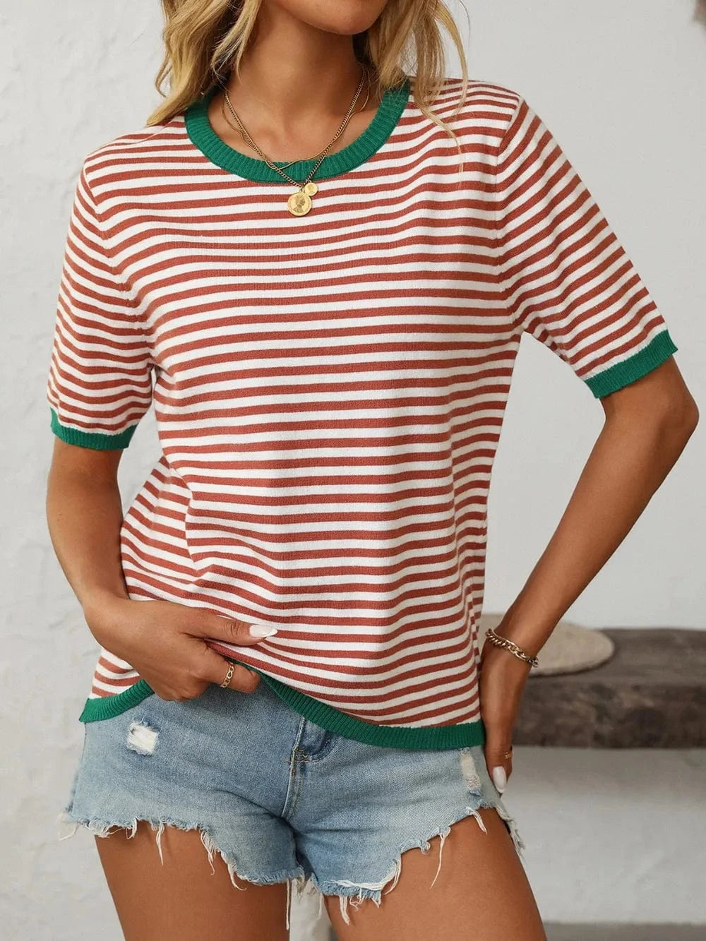 Trendsi Mandy Striped Round Neck Half Sleeve Knit Top