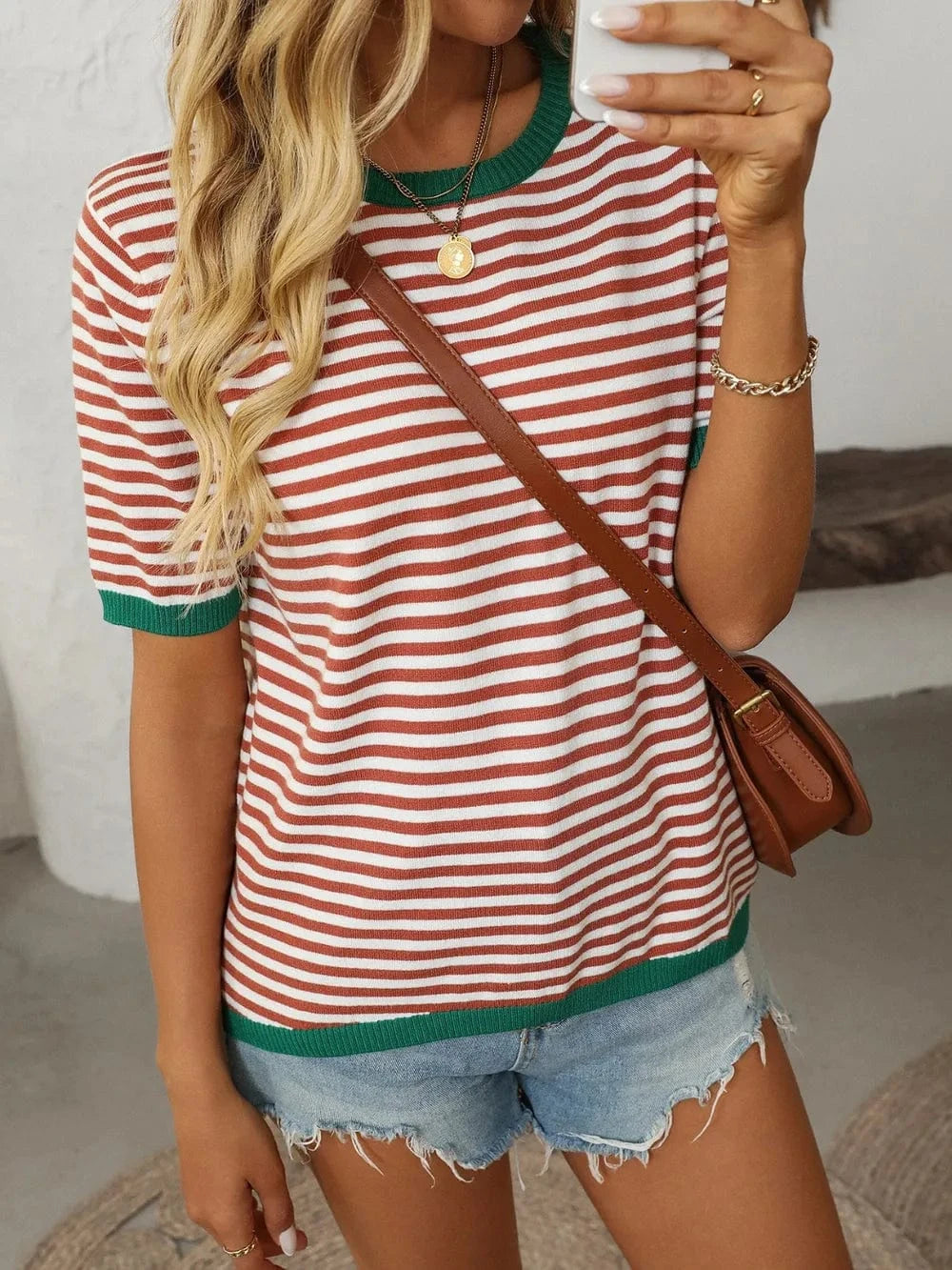 Trendsi Red/Green / S Mandy Striped Round Neck Half Sleeve Knit Top