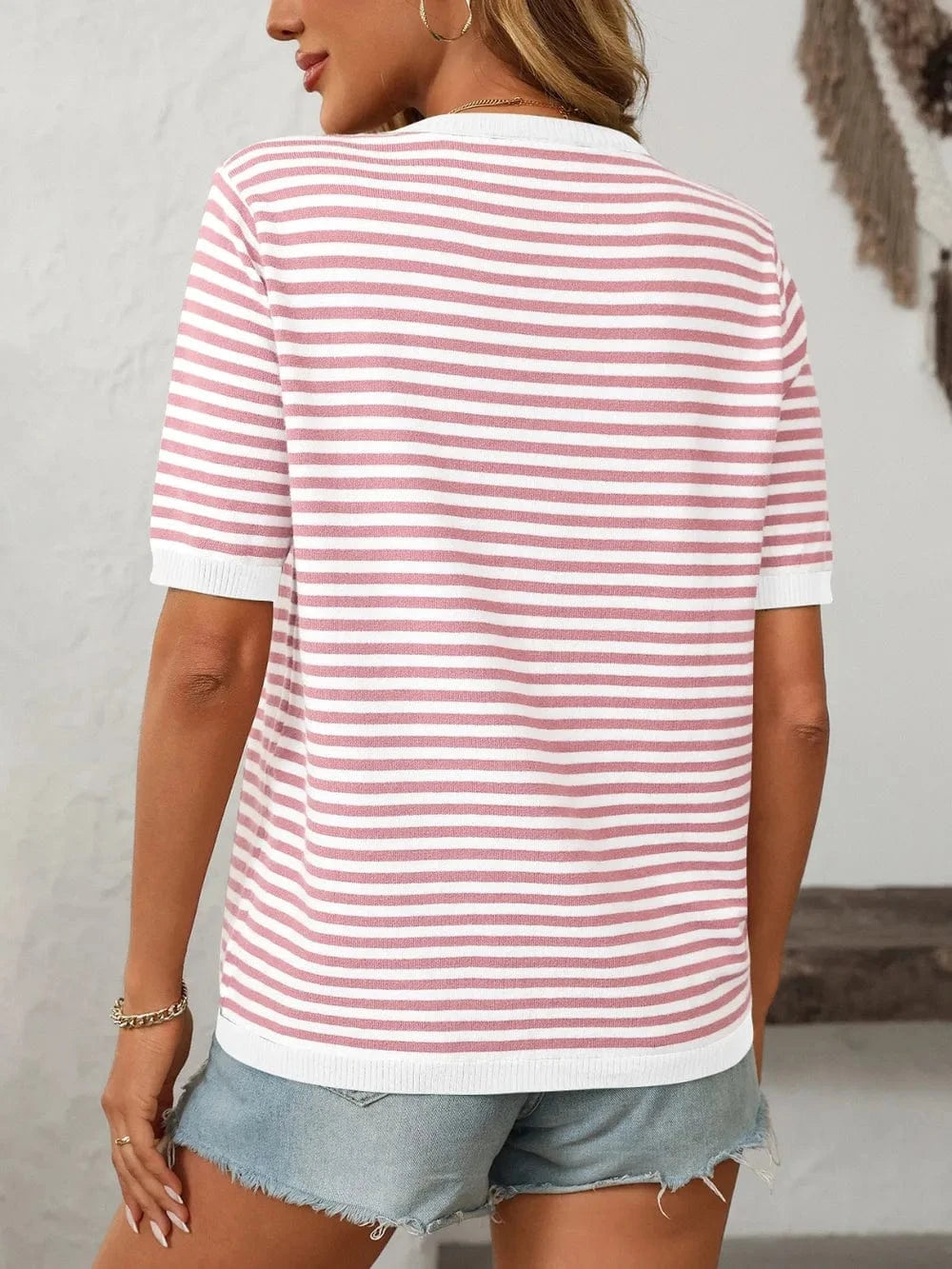 Trendsi Mandy Striped Round Neck Half Sleeve Knit Top