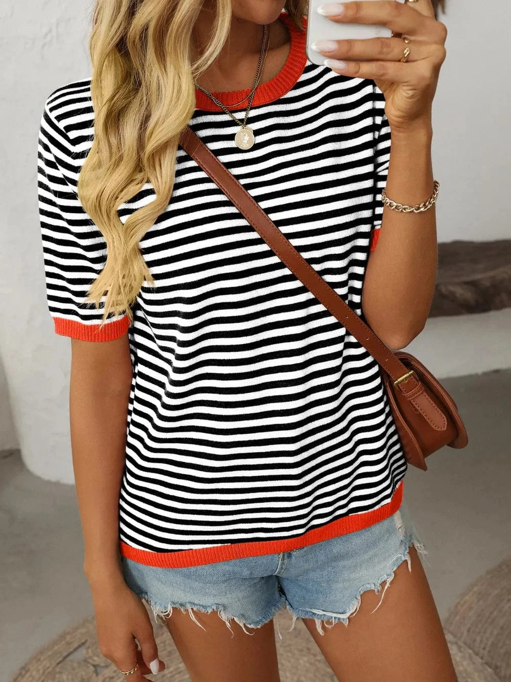 Trendsi Mandy Striped Round Neck Half Sleeve Knit Top