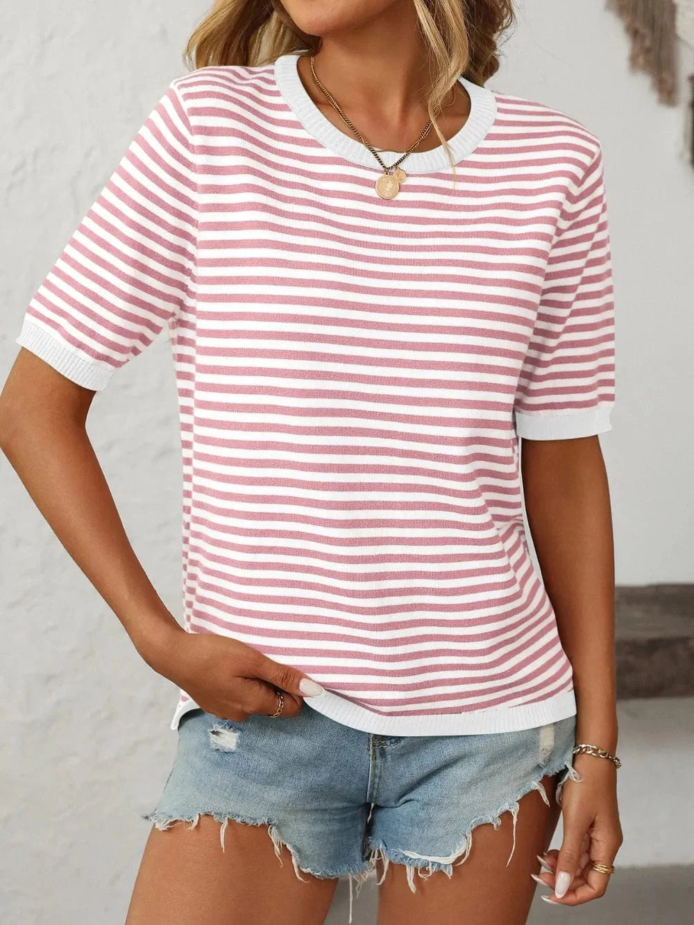 Trendsi Mandy Striped Round Neck Half Sleeve Knit Top