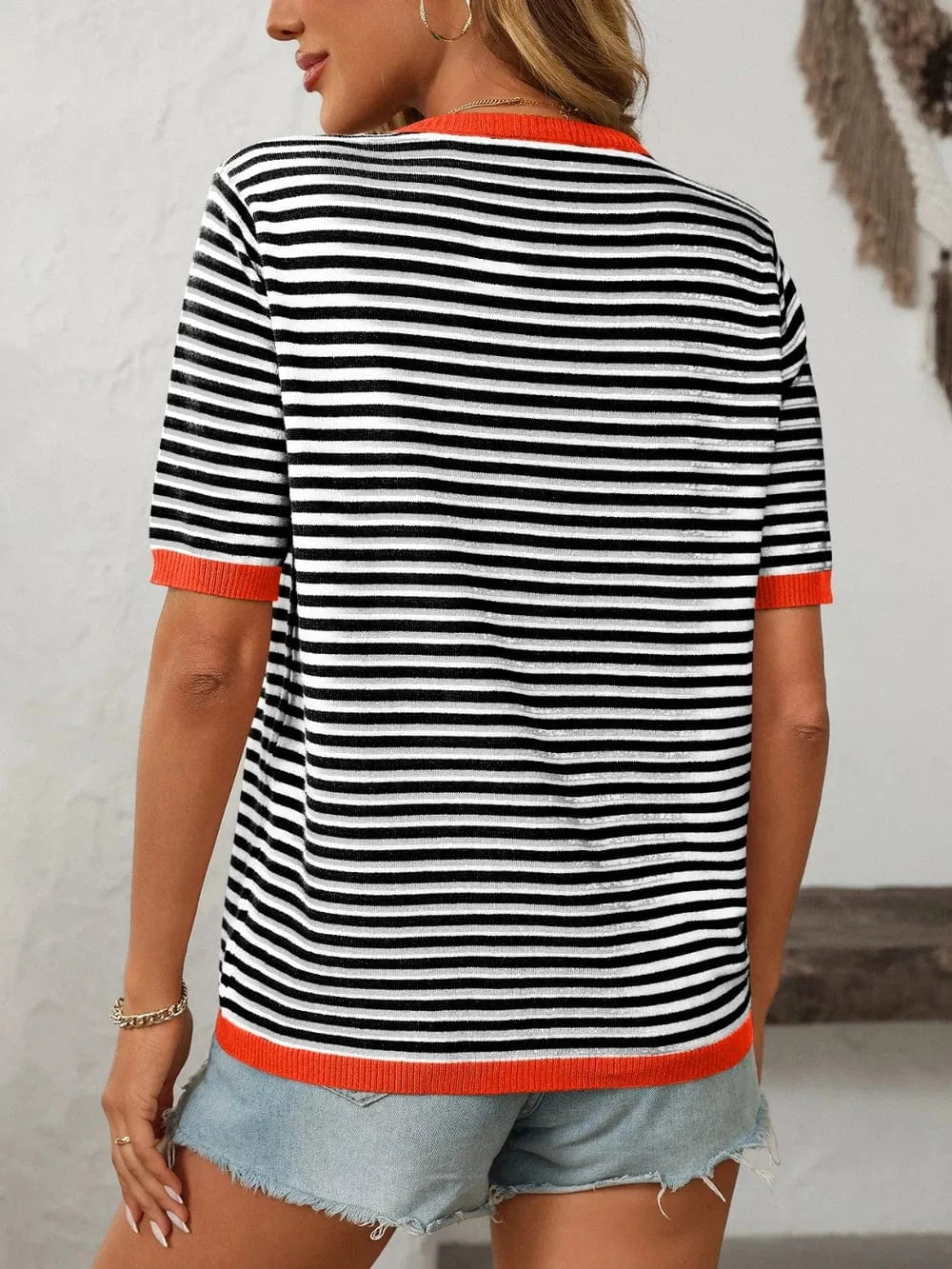 Trendsi Mandy Striped Round Neck Half Sleeve Knit Top