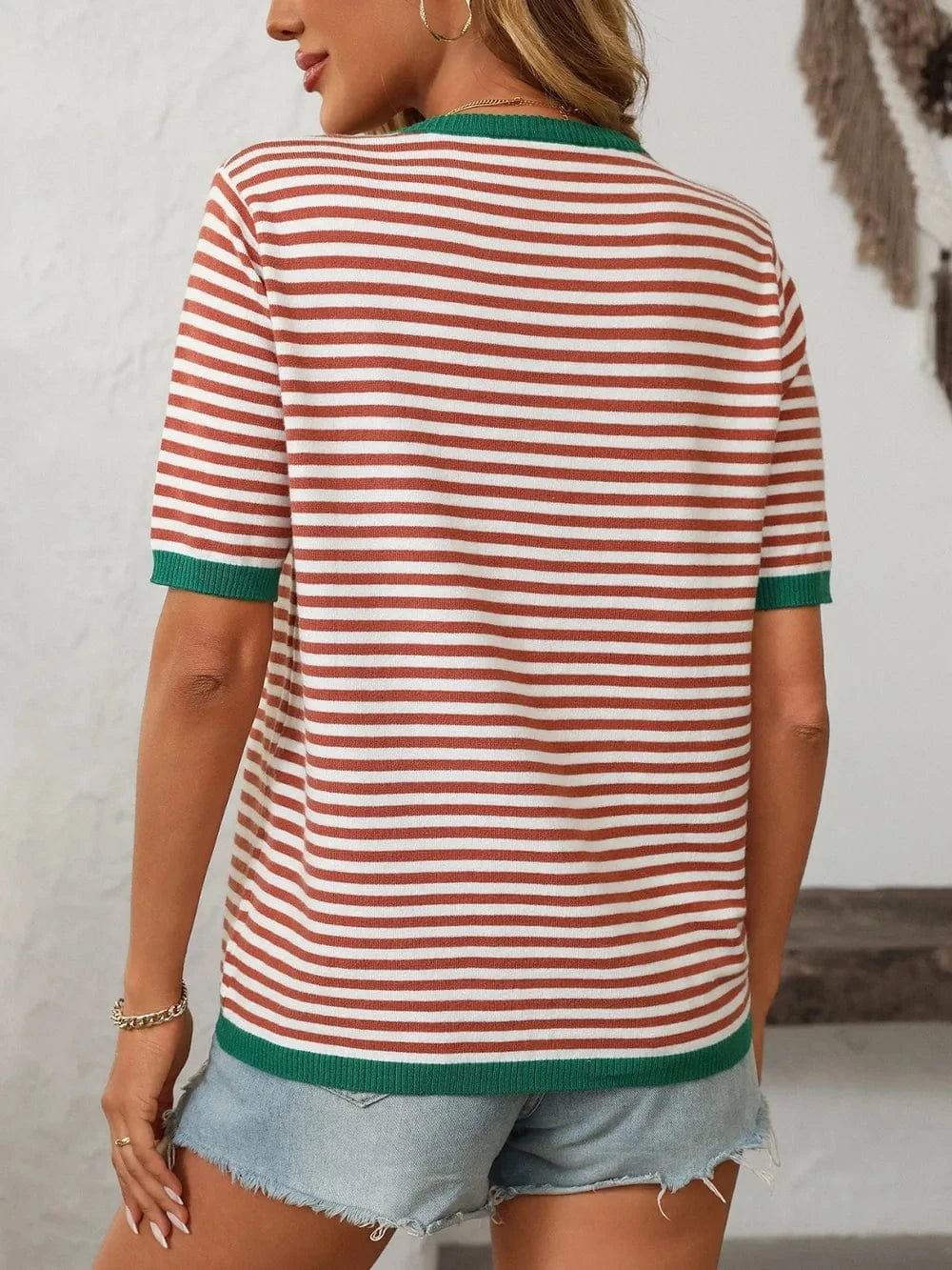Trendsi Mandy Striped Round Neck Half Sleeve Knit Top
