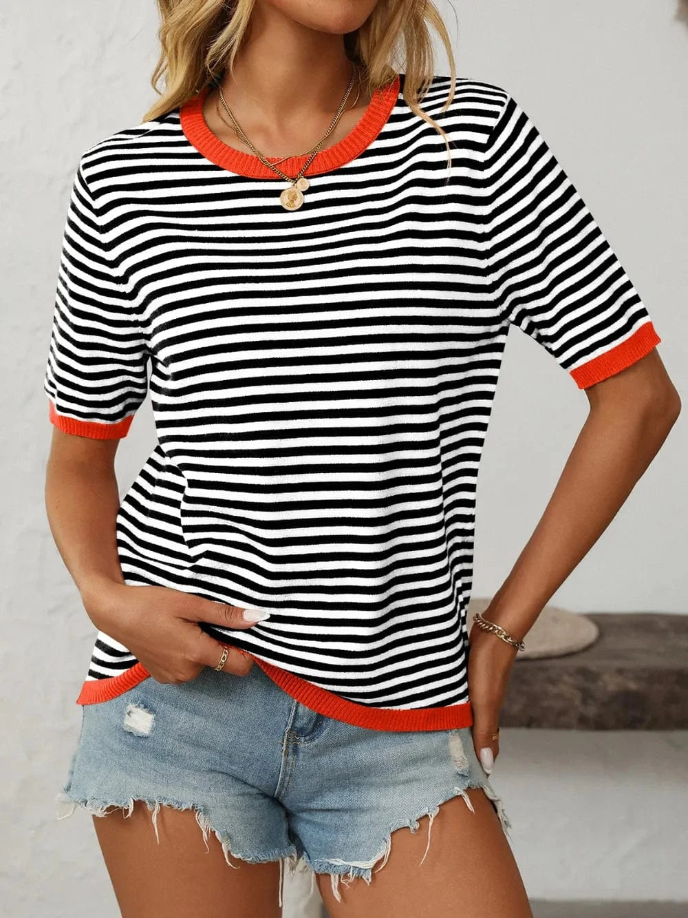 Trendsi Black/Red / S Mandy Striped Round Neck Half Sleeve Knit Top