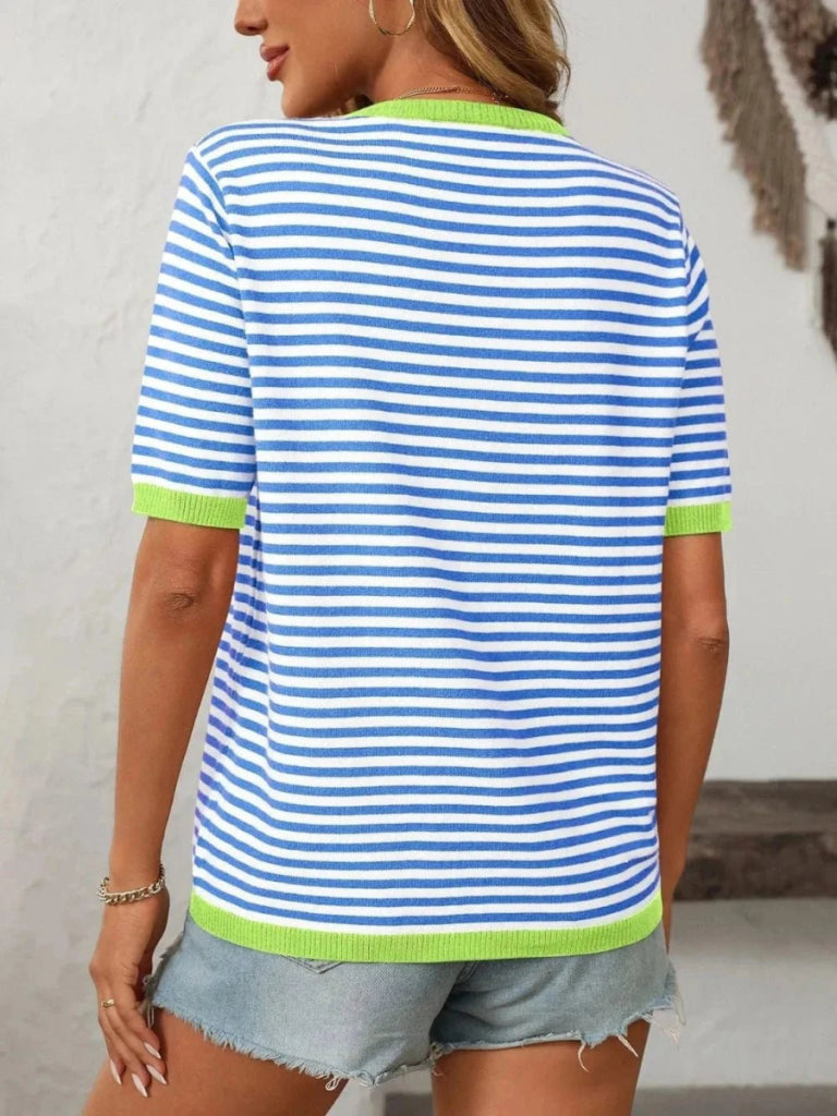 Mandy Striped Round Neck Half Sleeve Knit Top - Light Blue by Trendsi from FREYA’S CLOSET