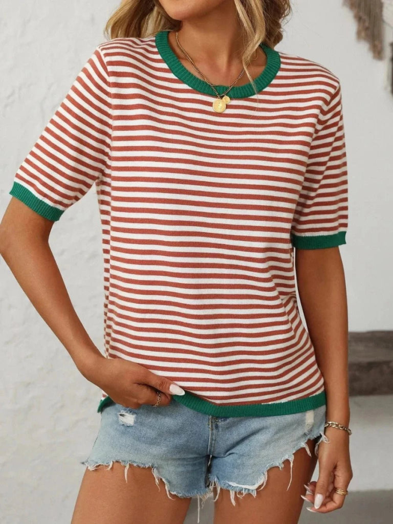 Mandy Striped Round Neck Half Sleeve Knit Top - Red/Green by Trendsi from FREYA’S CLOSET