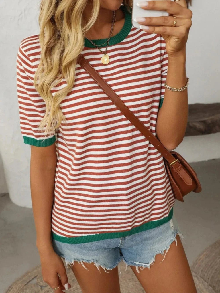Mandy Striped Round Neck Half Sleeve Knit Top - Red/Green by Trendsi from FREYA’S CLOSET
