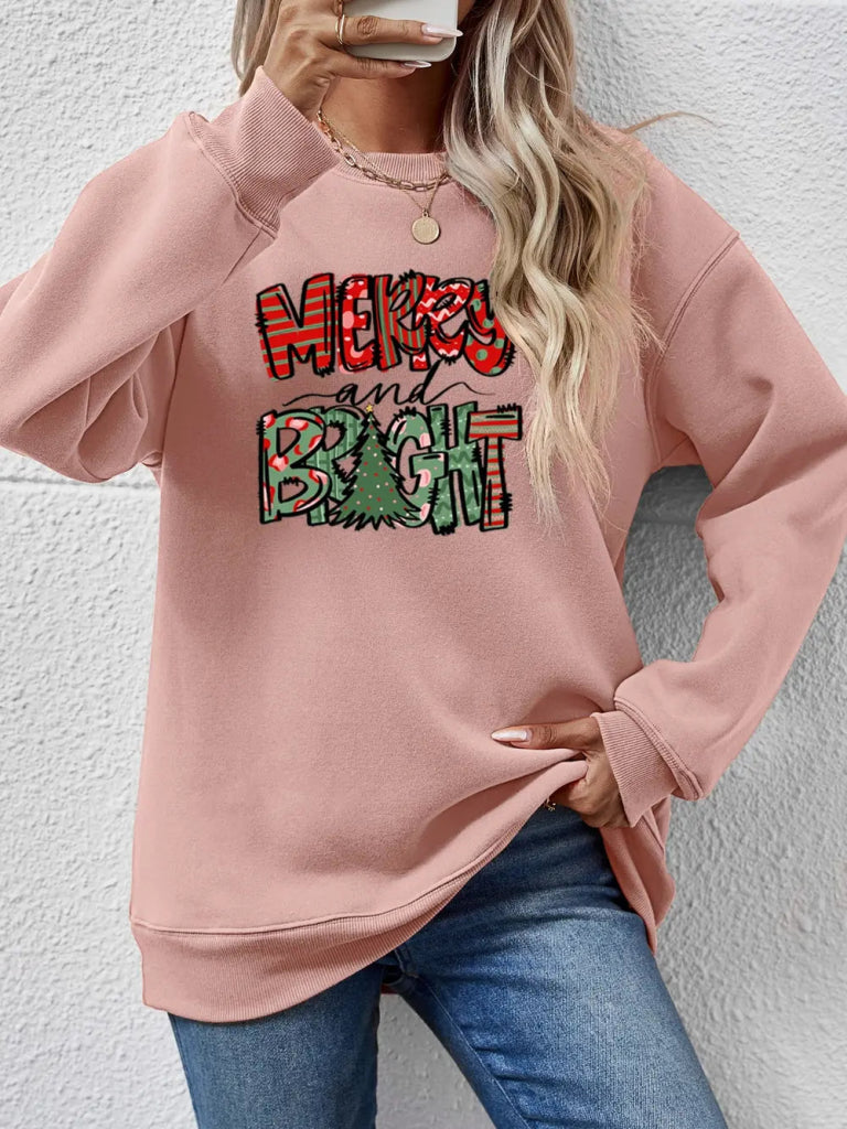 MERRY AND BRIGHT Long Sleeve Sweatshirt - Blush Pink by Trendsi from FREYA’S CLOSET