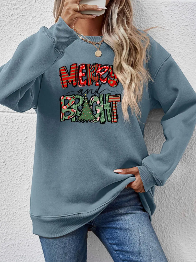 MERRY AND BRIGHT Long Sleeve Sweatshirt - French Blue by Trendsi from FREYA’S CLOSET