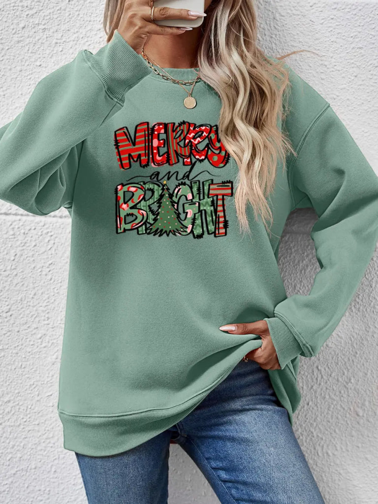 MERRY AND BRIGHT Long Sleeve Sweatshirt - Sage by Trendsi from FREYA’S CLOSET