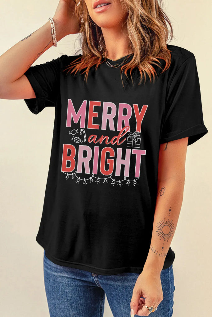 MERRY AND BRIGHT Round Neck Short Sleeve T-Shirt - Black by Trendsi from FREYA’S CLOSET
