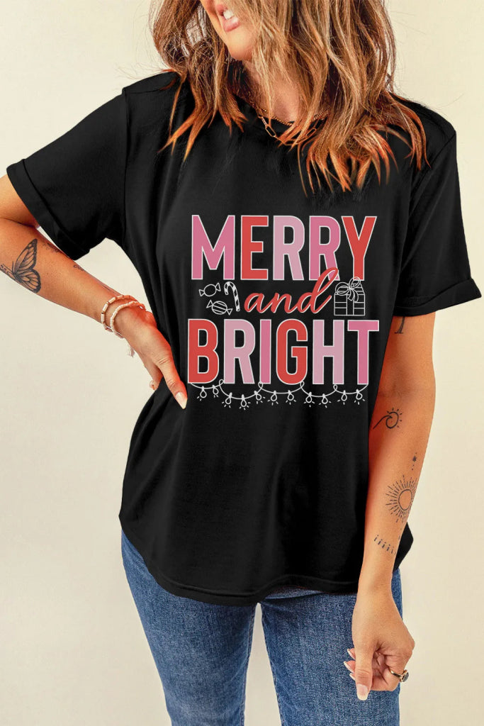 MERRY AND BRIGHT Round Neck Short Sleeve T-Shirt - Black by Trendsi from FREYA’S CLOSET
